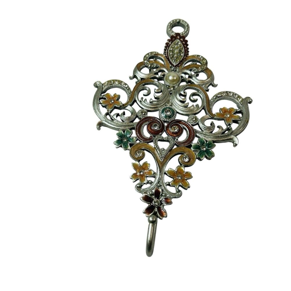 Floral Wall Hook Collette et Cie Ornate Enameled Metal Crystals Raux Pearl 8"